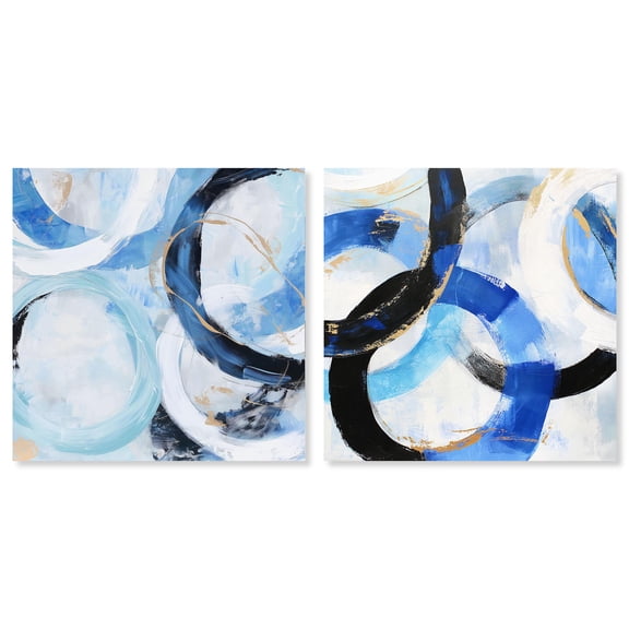 Modern Rounds Set Canvas Set of 2 Blue Green Abstract by Art Remedy, Gallery Wrapped, 16 x 16