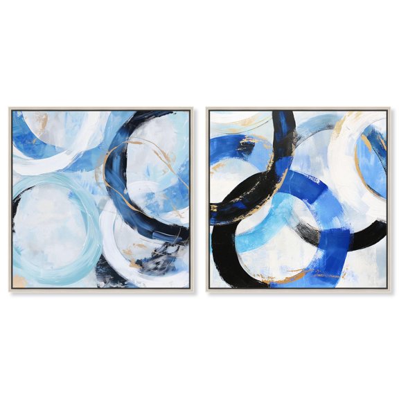 Modern Rounds Set Canvas Set of 2 Blue Green Abstract by Art Remedy, Silver Frame, 16 x 16