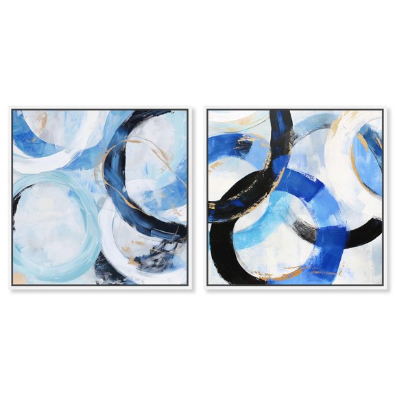 Modern Rounds Set Canvas Set of 2 Blue Green Abstract by Art Remedy, White Frame, 16 x 16