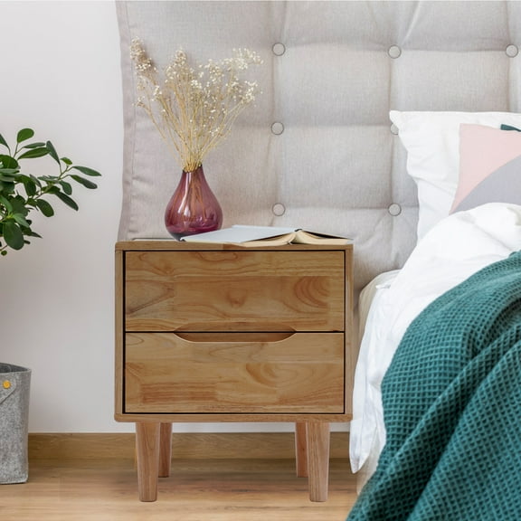 Modern Rubber Wood Bedside Table with 2 Drawers, Compact Storage, Fashionable Nordic Design, Easy Assembly, Ideal for Bedroom & Living Room