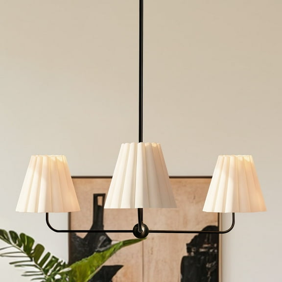 Classic Black Chandelier with White Linen Shade, 36 Inch Chandelier, Unique Elegant Ceiling Mounted Light, Ceiling Light over Kitchen Island, for Living Room, Dining Room