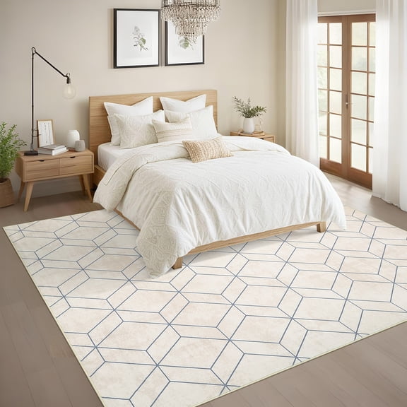 Modern Rug Non-Slip Geometric Kitchen Runner, Stain-Resistant Ultra-Thin Bedside Rug, Washable Contemporary Geometric Indoor Floor Carpet for Bedroom, Hallway, Laundry