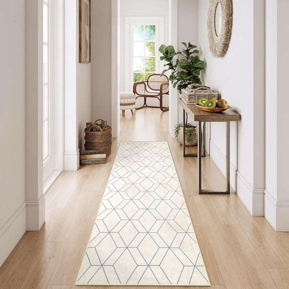 Modern Rug Non-Slip Geometric Kitchen Runner, Stain-Resistant Ultra-Thin Bedside Rug, Washable Contemporary Geometric Indoor Floor Carpet for Bedroom, Hallway, Laundry