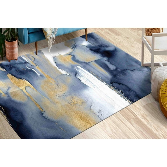 Modern Rugs, Large Rug, Navy Blue Rug, Accent Rugs, Luxury Rug, Blue And Gold Painting Rugs, Front Door Rugs, Hallway Rug, Car Mat Rug, 2.6'x6.5' - 80x200 cm