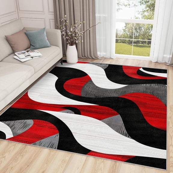 Modern Rugs for Living Room, Abstract Home Decor, Red Black White Washable Rugs for Living Room Bedroom, Geometric Area Rug, Contemporary Carpet, Modern Gifts for Men-2' x 3'