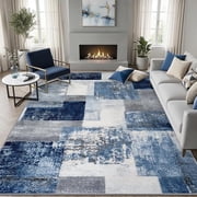 Modern Rugs for Living Room - Blue White Grey Patchwork Rug, Abstract Geometric Area Rug, Distressed Washable Rugs for Living Room Bedroom, Blue White Grey Carpet, Modern Gifts 5 x 7ft