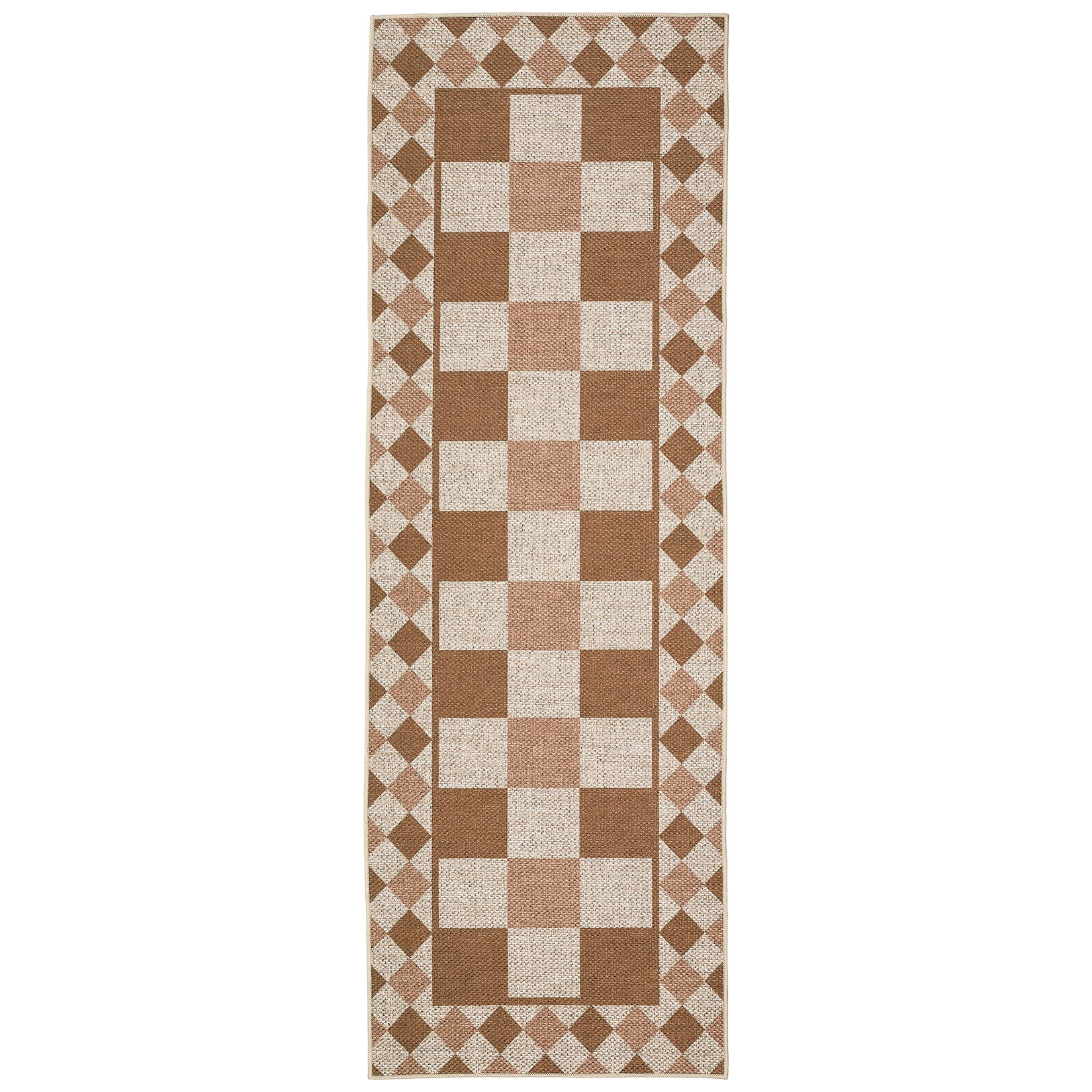 Modern Runner Rug for Hallway 2x6 Checkered Easy Jute Rug with Non-Slip Backing, Stain-Resistant Kitchen Runner, Washable Geometric Indoor Outdoor Rug for Laundry Entryway, Brown