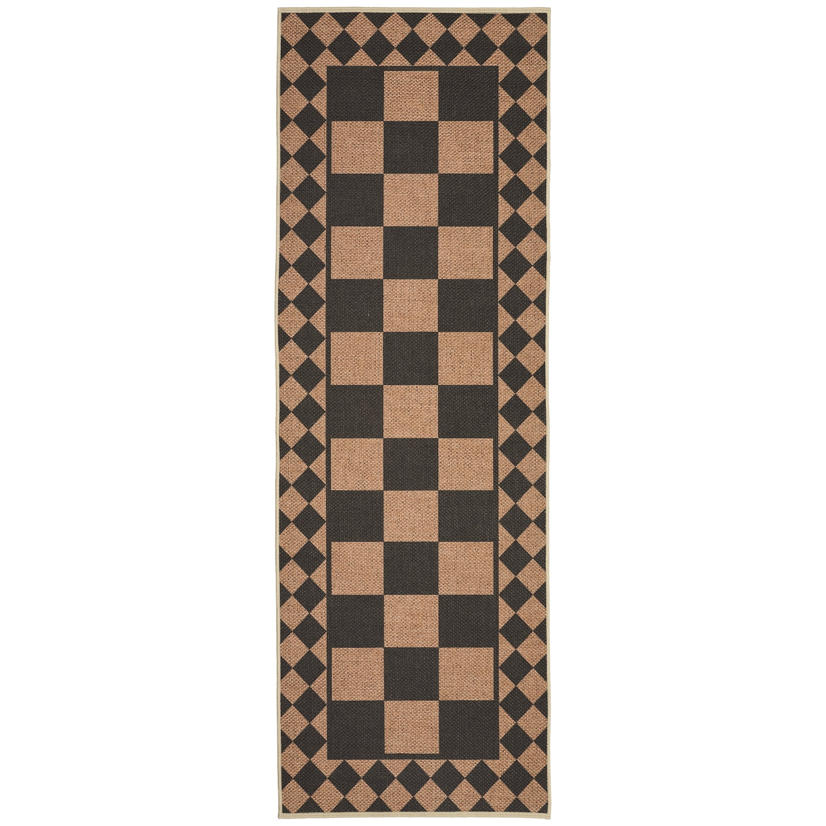 Modern Runner Rug for Hallway 2x6 Checkered Easy Jute Rug with Non-Slip Backing, Stain-Resistant Kitchen Runner, Washable Geometric Indoor Outdoor Rug for Laundry Entryway, Black Brown