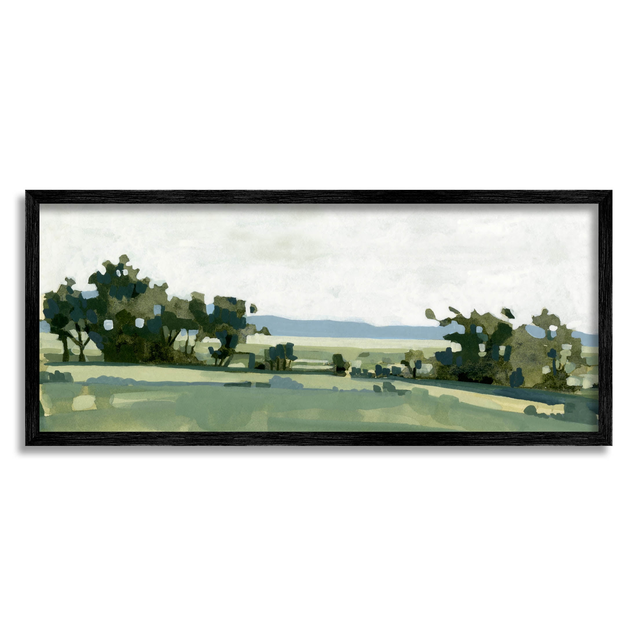 Modern Rural Grassland Bushes Landscape Painting Black Framed Art Print Wall Art