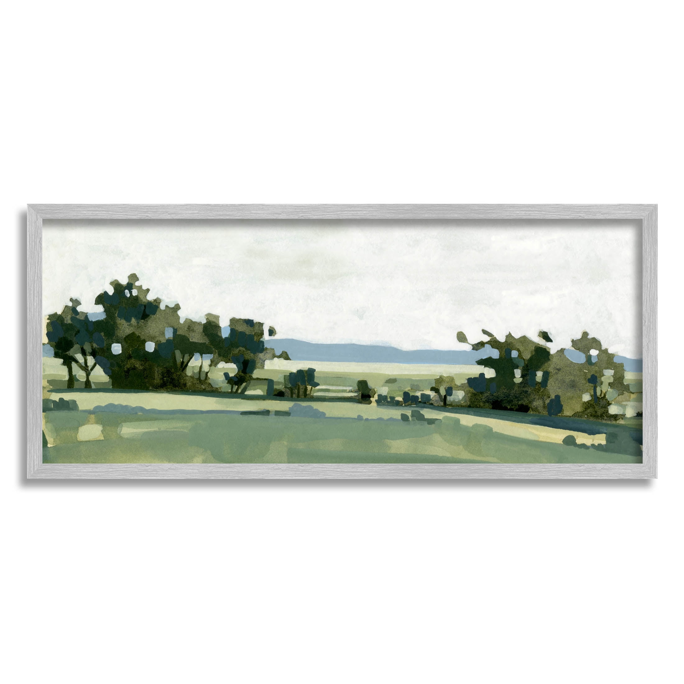 Modern Rural Grassland Bushes Landscape Painting Gray Framed Art Print Wall Art