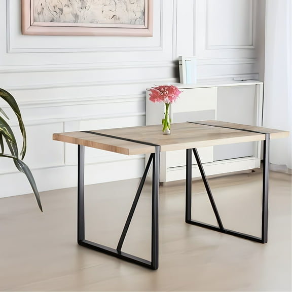 Modern Rustic 55" Dining Table, Wood Tabletop And Metal Frame, Industrial Style, Seats 4-6, Stain- Top X 30.94" 29.05", Tabletop, Black Legs, For Home Use