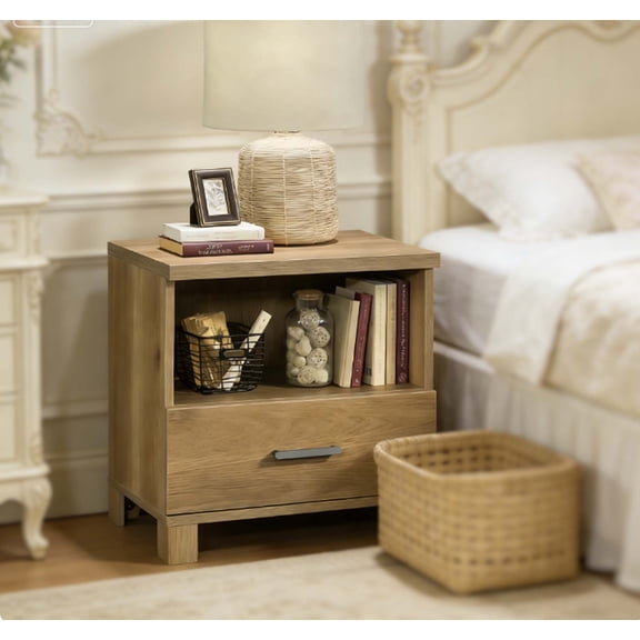 Modern Rustic Bedside Table with Concealed Drawer & Lower Shelf | Sturdy Wood Night Stand, Elegant Bedroom Side Table, Warm Brown Accent Furniture