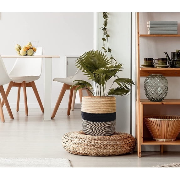 Modern Rustic Black and Beige 12" x 12" Eco Friendly Woven Rope Storage or Plant Basket