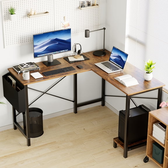 Modern Rustic Brown L-Shaped Gaming Desk, Corner Study Writing Computer Table with CPU Storage Shelf & Side Storage Bag, Ideal Space-Saving Furniture for Home Office & Bedroom