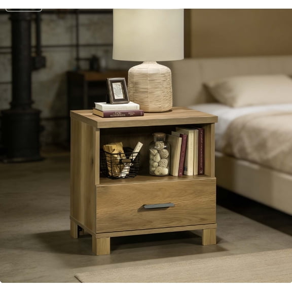 Modern Rustic Brown Nightstand with Drawer & Shelf  Versatile Night Stands, Country Farmhouse Bedside Tables & Side Tables Bedroom Decor