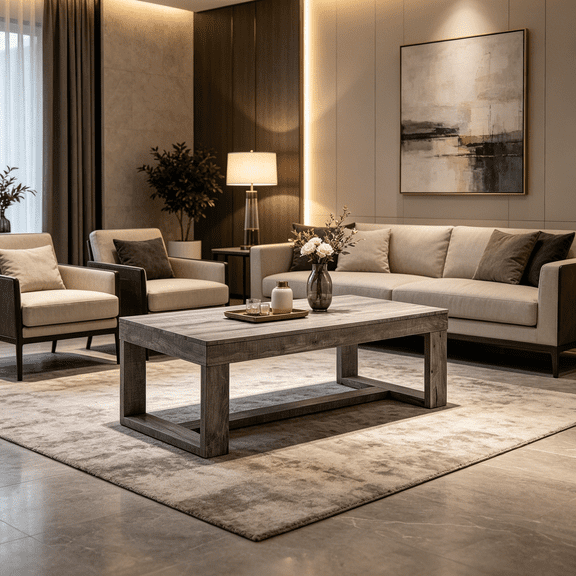 Modern Rustic Coffee Table with Rectangular Top and Dual Pedestals, Brown Gray Tan Wood