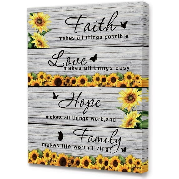Modern Rustic Faith Hope Family Sunflower Wall Art Frame Canvas,Motivational Home Decor Wall Art Canvas Painting Ready to Hang for Home Farmhouse Kitchen Dining Living Room Wall Decor-12 x 15 Inches