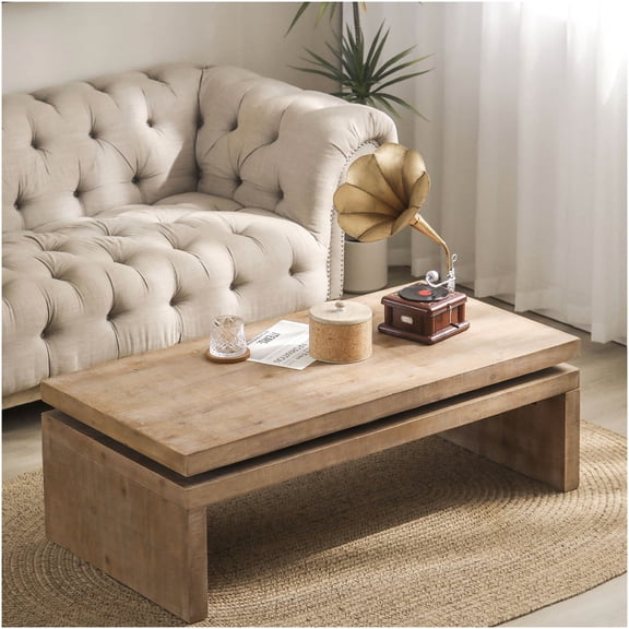 Modern Rustic Floating Top Coffee Table for Living Room, Farmhouse Industrial Center Table with Natural Wood Wash Finish