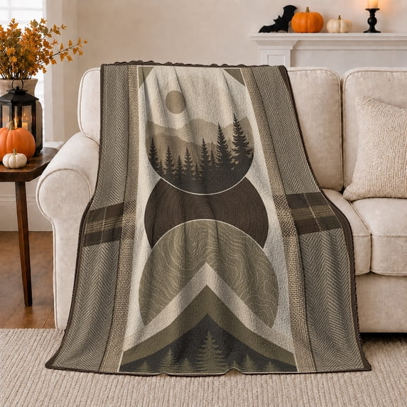 Modern Rustic Mountain Forest Geometric Landscape, Peaceful Mountain Lake Scene, Warm Flannel Blanket for Cabin and Lodge, Outdoor Lovers Camping Gift, Artistic Home Decor