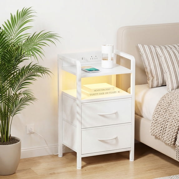 Modern Rustic Patio Side Table with 2 Fabric Drawers, 3-Tier Open Storage Shelf, Small Space Organizer, Outdoor End Table for Bedroom, Living Room, Dorm or Apartment, White