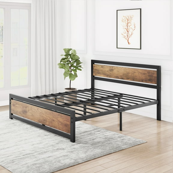 Modern Rustic Platform Bed Frame – Wooden Headboard & Footboard, 14 Inch Metal Base, Large Underbed Storage, Easy Assembly – Full/Queen/King Size