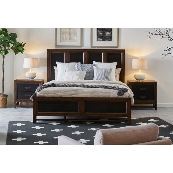 Modern Rustic Queen Bed, Pine Solids, Brown And Black Finish Bedroom Design, Materials, American Style