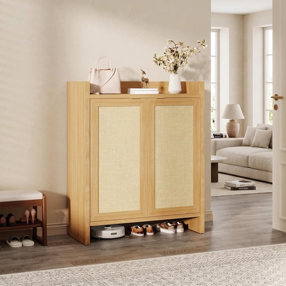 Modern Rustic Rattan Shoe Storage Cabinet, 2 Woven Doors with Adjustable Shelves, Freestanding Multipurpose Engineered Wood Organizer for Entryway, Hallway, Bedroom and Living Room, Dark oak