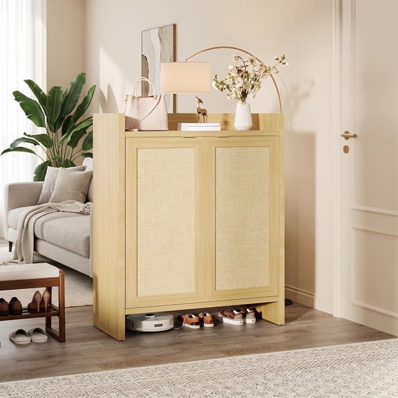 Modern Rustic Rattan Shoe Storage Cabinet, 2 Woven Doors with Adjustable Shelves, Freestanding Multipurpose Engineered Wood Organizer for Entryway, Hallway, Bedroom and Living Room, Light Oak