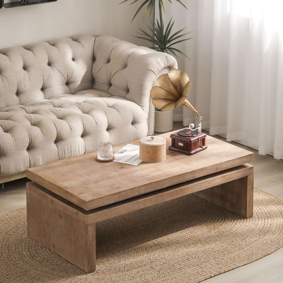 Modern Rustic Rectangular Wood Coffee Table, 47.6"L Floating Top Design Low Profile Center Table, Farmhouse Living Room Accent Furniture