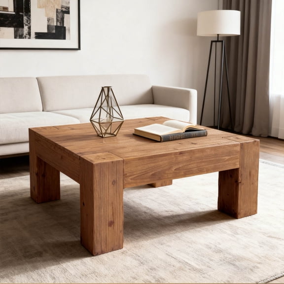 Modern Rustic Square Coffee Table, Solid Wood Texture with Thick Block Legs, Wabi-Sabi Style, 39" Wide, Antique Natural