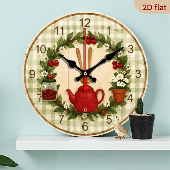 Modern Rustic Wall Clock, 10 Inch Silent Non-Ticking Kitchen Decor, Retro Style Fruit Kettle Print Timepiece for Living Room School Bedroom, Battery Powered