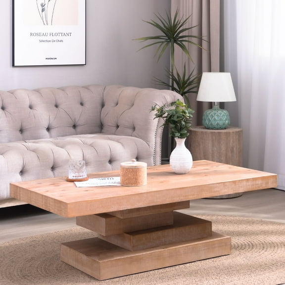Modern Rustic Wood Coffee Table, Farmhouse Style Coffee Table, Wood Block Base Coffee Table, Living Room Furniture, Rectangular Wood Center Table (Natural)