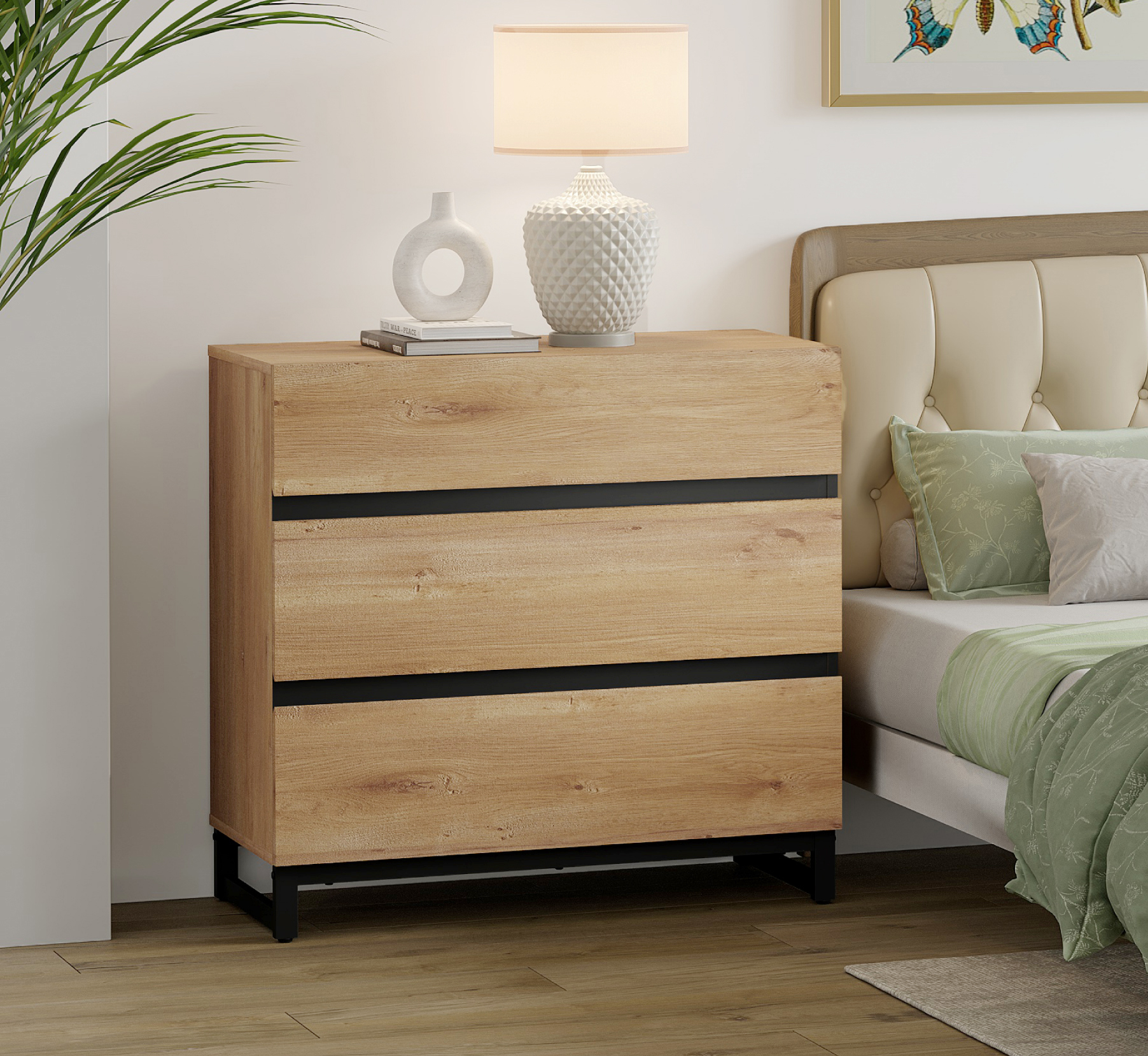 Modern Rustic Wood Nightstand with 3 Drawers, Black Square Iron Legs, Bedside Table for Bedroom，Oak