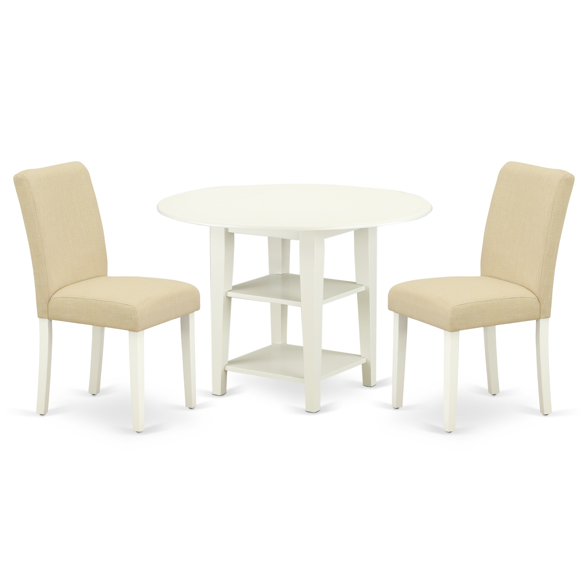 East West Furniture Set Tavolo 3 Pezzi – Tavolo Rotondo 36'' E 2 Sedie Parson Imbottite, Gambe Bianche E Seduta In Lino Beige Chiaro, Stile Mid-Century