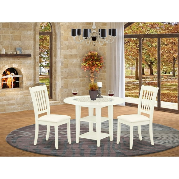 Modern SUDA3-LWH-C Dinette Set: Drop Leaf Table & 2 Microfiber Seat Chairs. Linen White Finish. Ideal for Small Dining Areas. Budget-Friendly & Elegant.