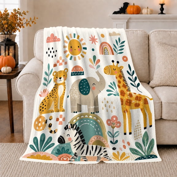 Modern Safari Animals Flannel Blanket with Cheetah Elephant Giraffe Zebra Sun Rainbow Plants Bright Nursery Art, Kids Sofa Bedroom Playroom Home Decor, Baby Gift