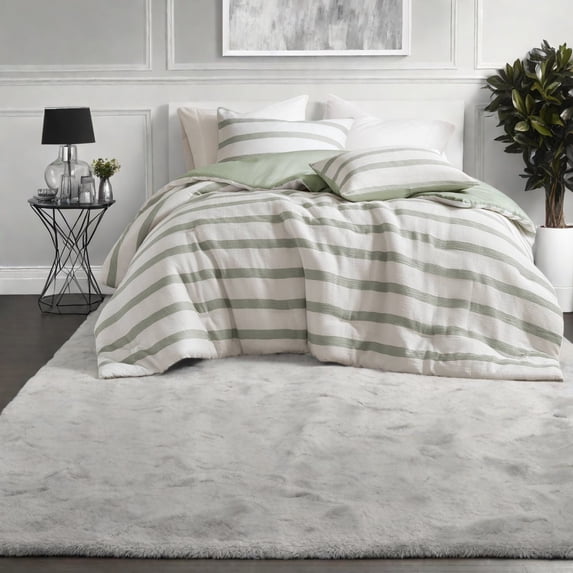 Modern Sage Green 3Piece Bedding Set YarnDyed Striped Polyester Comforter for AllSeason Use