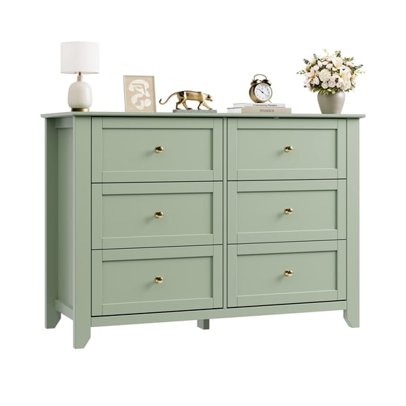 Modern Sage Green 6 Drawer Dresser 47.2" Wide Wooden Chest with Deep Drawers, Metal Knobs Large Storage Organizer for Bedroom, Closet, Nursery, Living Room Color: TechBrand Green