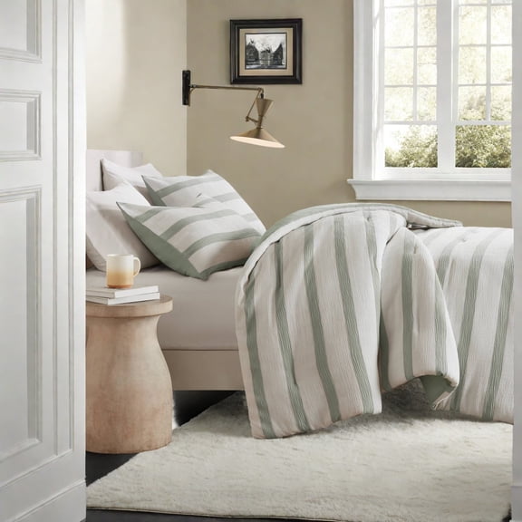 Modern Sage Green Bedding Set Oversized King/Cal King Comforter with Soft Textured Stripes for AllSeason Use