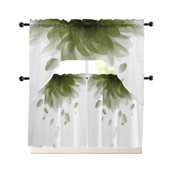 Modern Sage Green Kitchen Curtains Sets 24 Inch Length with Valance, Gradient Floral Abstract Bohemian White Swag Valances and Tiers Curtain Set Drapes Swag Curtains for Living Room, Bathroom
