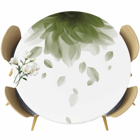 Modern Sage Green Round Tablecloth, Fitted Table Cover with Elastic for 36"-44" Round Tables, Gradient Floral Abstract Bohemian White Table Cloth Outdoor Indoor Dinning Party Waterproof Tablecloths