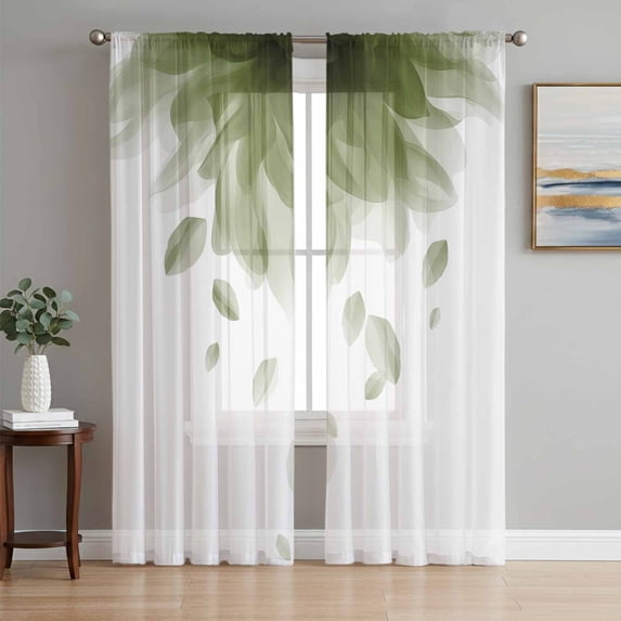 Modern Sage Green Sheer Curtains 96 Inch Length 2 Panels Set, Gradient Floral Abstract Bohemian White Voile Window Treatment Semi Sheer Long Curtains Drapes for Bedroom/Living Room/Kitchen 52"x96"x2