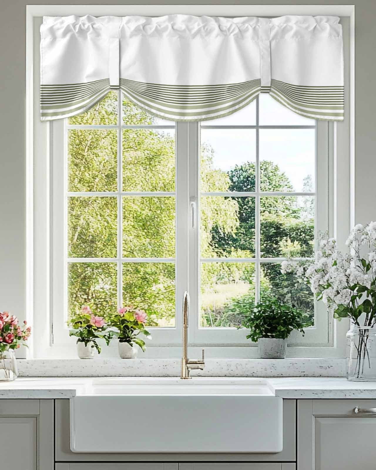 Modern Sage Tie Up Valances Curtain, Adjustable Kitchen Green Classic Stripe Valances for Windows Decor, Rod Pocket Short Curtains Set for Bedroom/Bathroom, 60"x18"