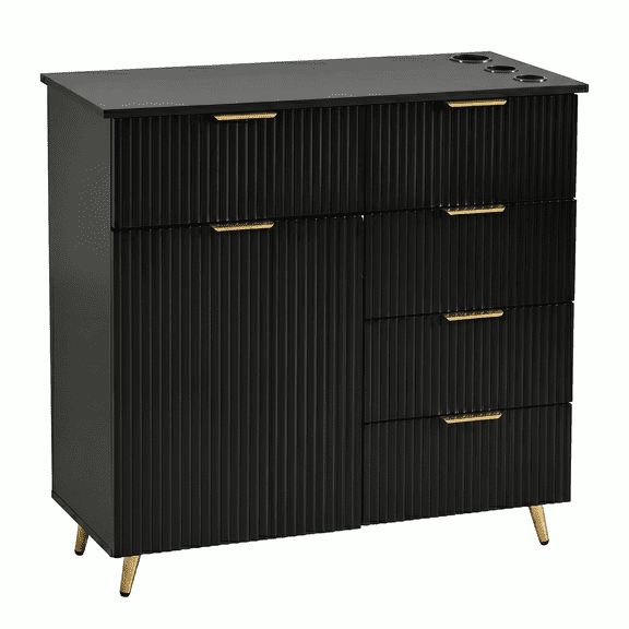 Modern Salon Station with Fluted Design, Barber Cabinet with 5 Drawers, 1 Storage Cabinet, 3 Hair Dryer Holders, Gold Handles & Metal Legs, Hair Stylist Storage Cabinet for Barber Shop, Beauty Spa