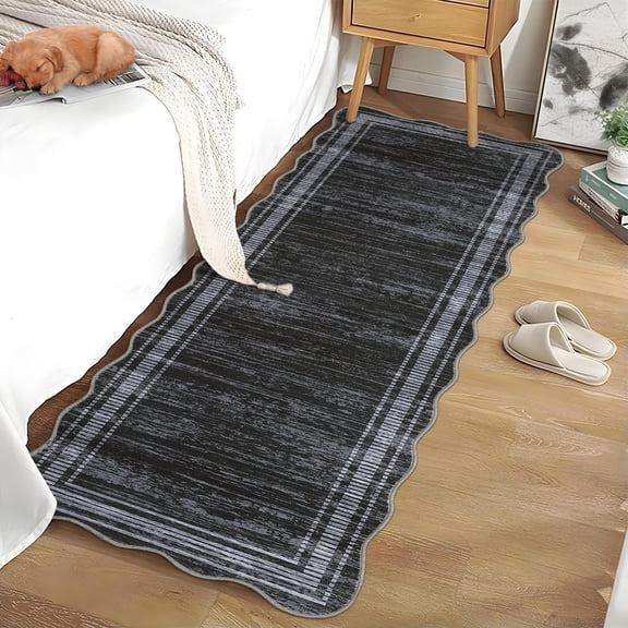 Modern Scalloped Washable Area Rug - Non-Slip Stain Resistant Low Pile Carpet for Living Room, Bedroom, Dining Room