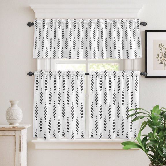 Modern Scandi Botanical Leaves Curtain Tier and Valance Set 3 Piece,Minimalist Black Leaf on White 3-inch Rod Pocket Window Tier Curtains Valance for Kitchen Living Room