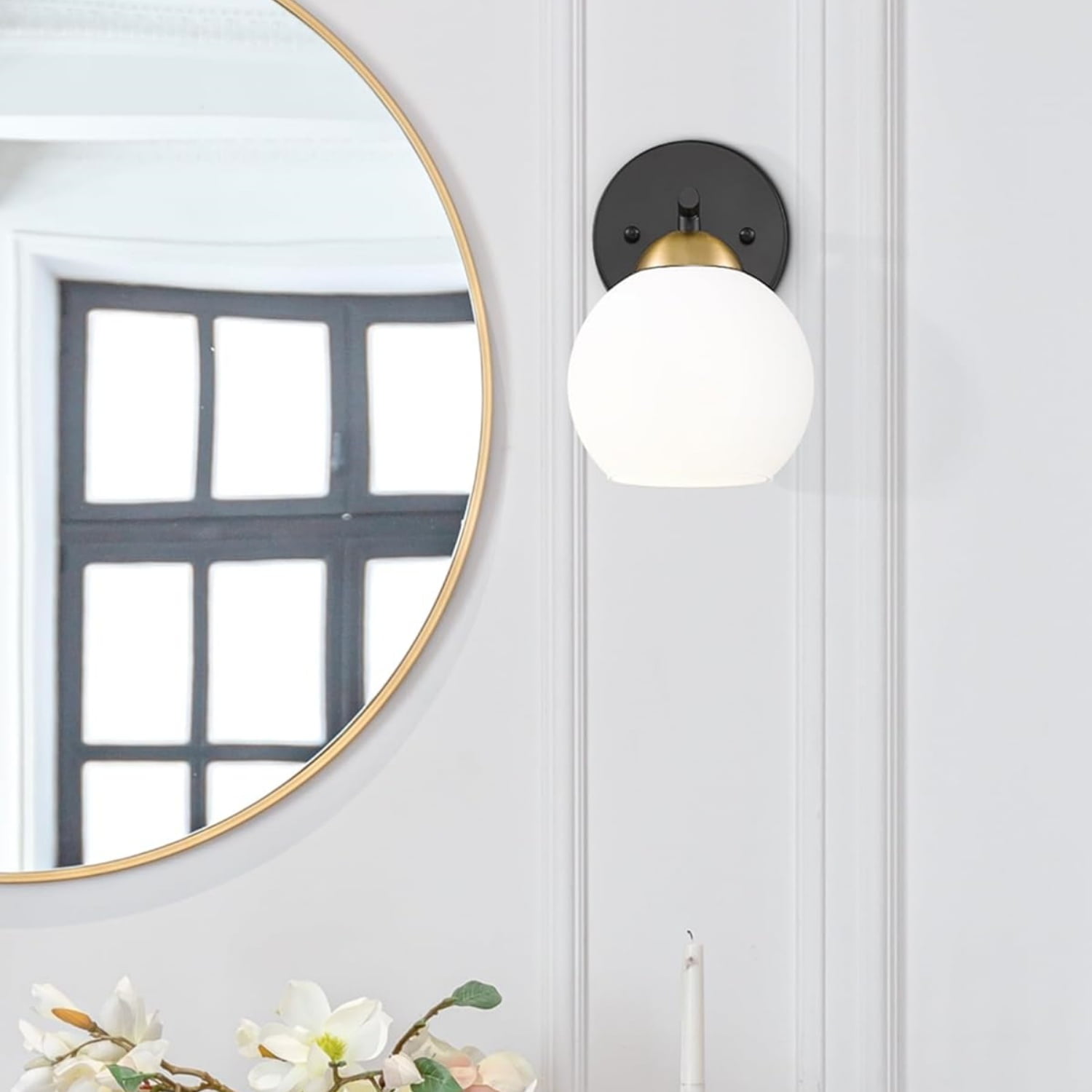Modern Sconces Wall Decor Set of 2, Black Gold Bathroom Vanity Light with Milk Glass Shade, Globe Wall Lamp for Living Room, Pictures, Bedroom, Bathroom, Hallway