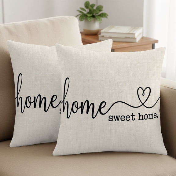 Modern Script Pillow Covers Set of 2, Home Sweet Home Shabby Chic Farmhouse Linen Texture 16x16 Inch Decorative Throw Pillow Covers Soft Pillowcases with Zipper for Couch Sofa Bed Chair