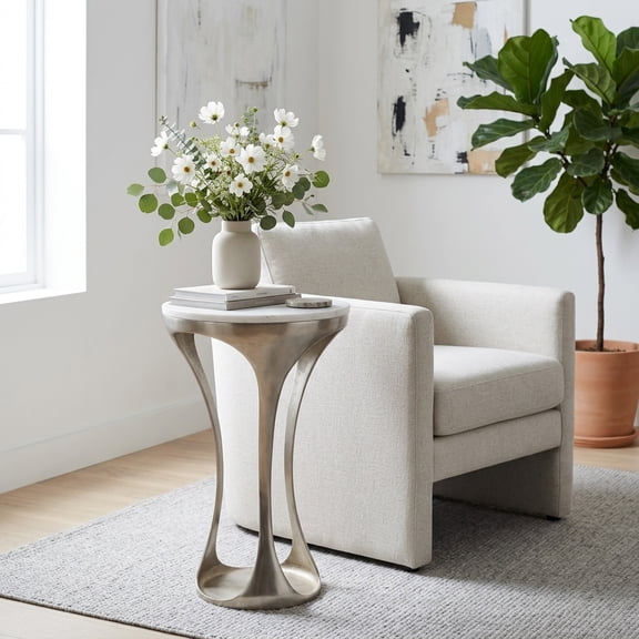 Modern Sculptural Marble Side Table for Bedroom Nightstand - Decorative Small End Table Stand for Bedside and Living Room Decor - Ideal for Small Spaces and Drink Table - 27", White & Silver