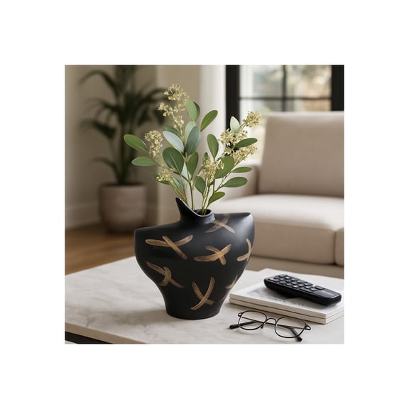 Modern Sculptural Metal Vase for Living Room Decor - Decorative Abstract Home Accent for Bedroom, Office, and Table Decor - Sculptural Flower Vase for Entryway, Shelf, or House Decor - 8", Black